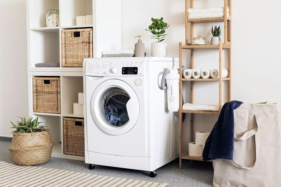 Modern front load washing machine in a clean laundry room
